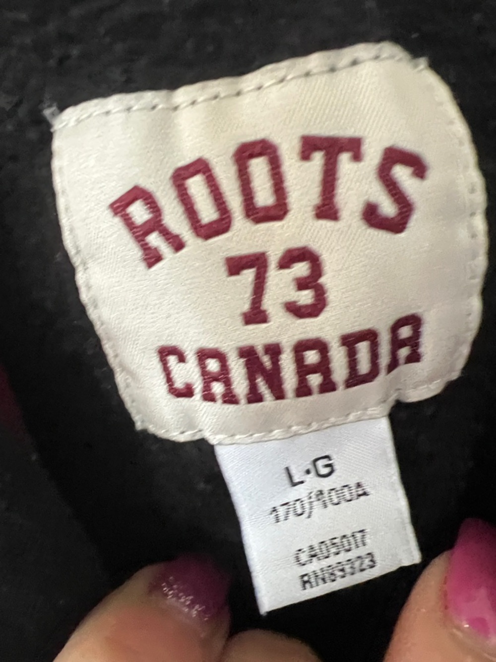 Roots Black Crewneck Hoodie with White Maple Logo and Red Lined Hood - Picture 2 of 3